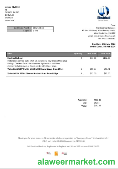 United Kingdom MJ Electrical proof of address business utility bill template in Word and PDF formats
